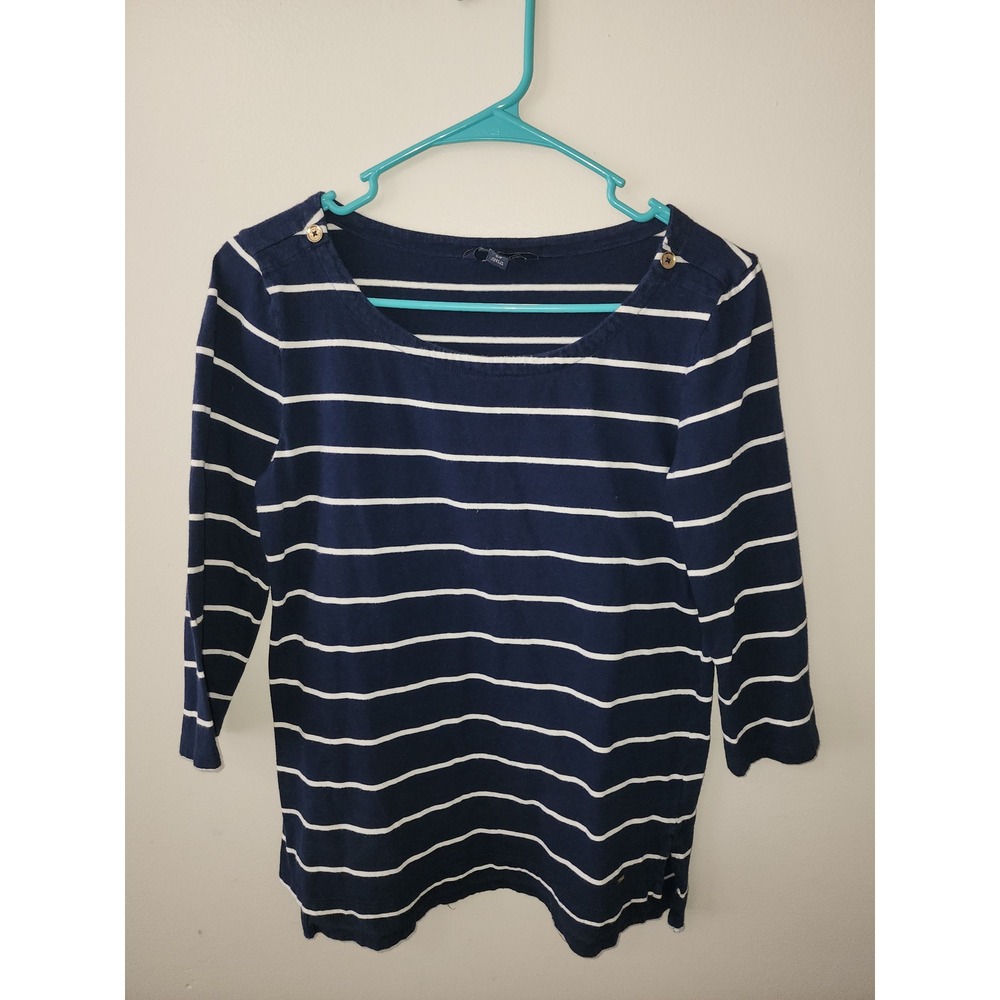 Tommy Hilfiger Navy White Striped Boat Neck 3/4 Sleeve Top Gold Button Small